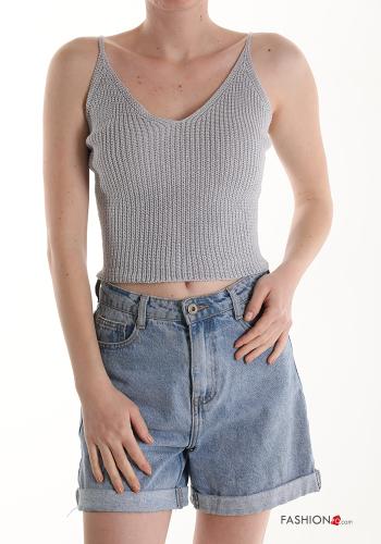 Top in Cotone scollo a V  Grigio chiaro