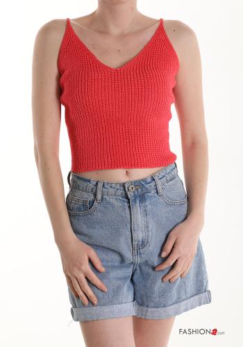  Top in Cotone scollo a V  Rosso pomodoro