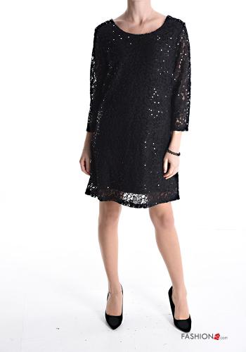  lace trim knee-length Dress with sequins 3/4 sleeve