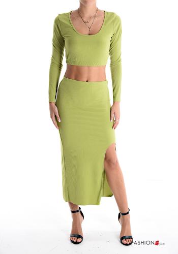  Ribbed Co-ord with elastic with split Lime
