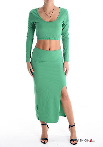  Ribbed Co-ord with elastic with split Green
