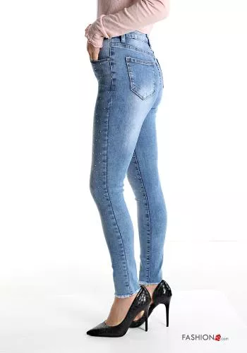  Jeans in Cotone vita alta skinny con tasche con strass 
