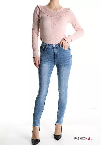  Jeans in Cotone vita alta skinny con tasche con strass 