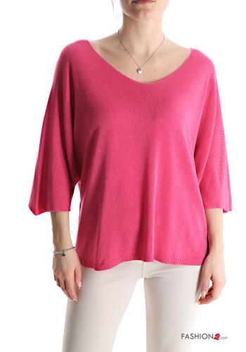  Maglione scollo a V maniche a tre quarti  Fucsia
