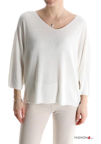  Maglione scollo a V maniche a tre quarti  Bianco