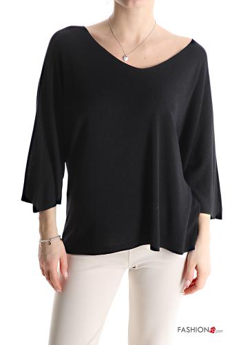  Maglione scollo a V maniche a tre quarti  Nero
