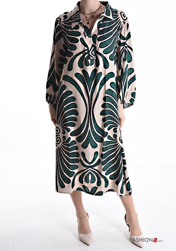  Patterned long with collar Dress with v-neck