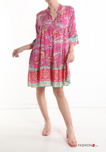  Jacquard print v-neck Dress with flounces with buttons
