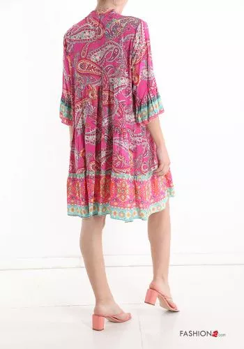  Jacquard-Muster V-Ausschnitt Kleid mit Volants mit Knöpfen