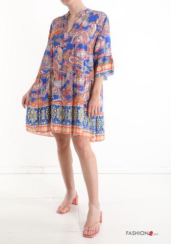  Jacquard-Muster V-Ausschnitt Kleid mit Volants mit Knöpfen Leuchtend blau