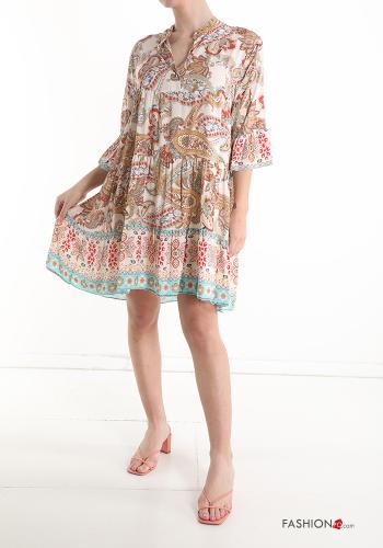  Jacquard-Muster V-Ausschnitt Kleid mit Volants mit Knöpfen Cremigweiß