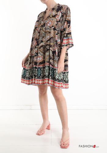  Jacquard-Muster V-Ausschnitt Kleid mit Volants mit Knöpfen Schwarz