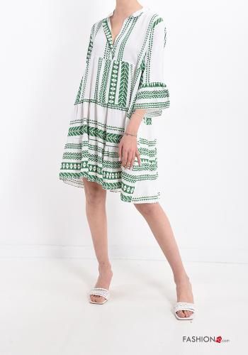  Geometric pattern Dress with flounces with v-neck Green