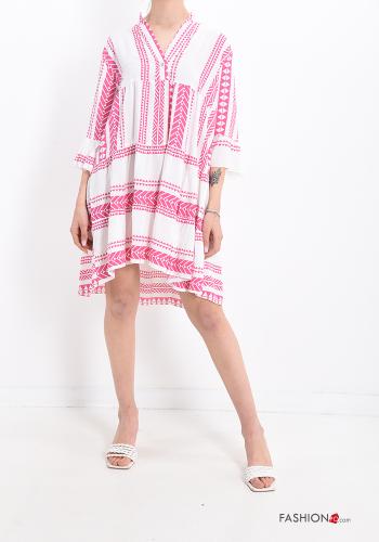  Geometric pattern Dress with flounces with v-neck Fucsia