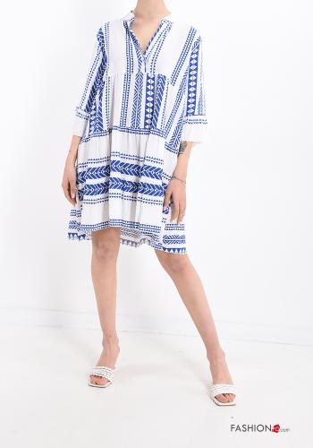  Geometrisches Muster V-Ausschnitt Kleid mit Volants Leuchtend blau
