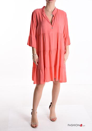  knee-length Dress 3/4 sleeve with v-neck with flounces with buttons