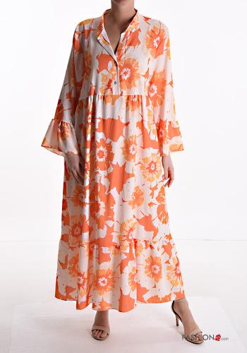  Floral long Dress with flounces with v-neck with buttons