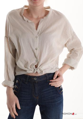  Cotton Shirt with knot 3/4 sleeve Beige