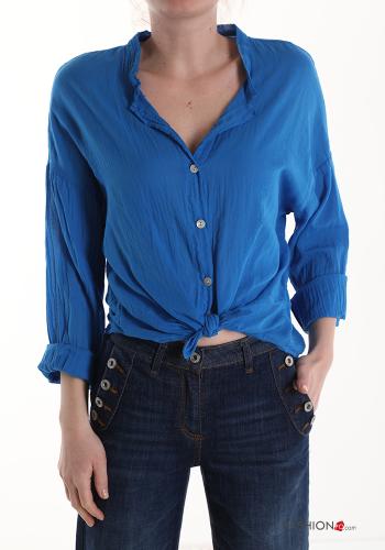  Cotton Shirt with knot 3/4 sleeve Electric blue
