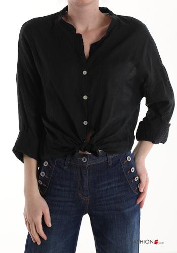  Cotton Shirt with knot 3/4 sleeve Black