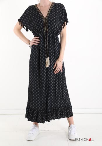  Geometric pattern lace v-neck Dress with flounces Black