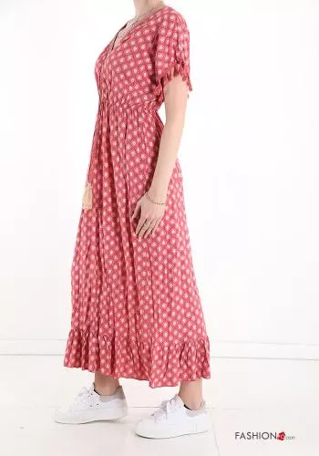  Geometric pattern lace Dress with flounces with v-neck