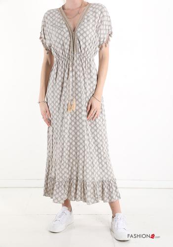  Geometric pattern lace v-neck Dress with flounces Beige