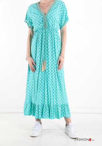  Geometric pattern lace v-neck Dress with flounces Turquoise