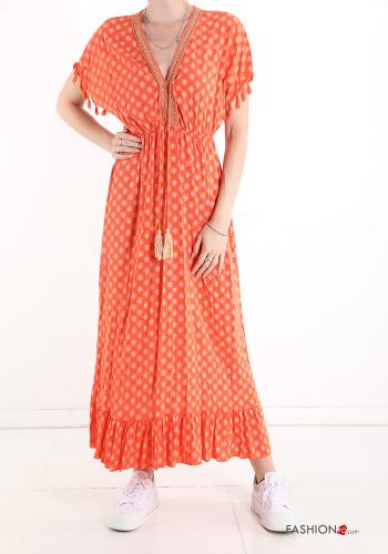  Geometric pattern lace v-neck Dress with flounces Orange