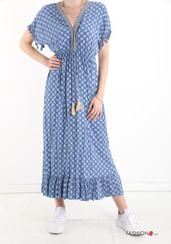  Geometrisches Muster Spitze- V-Ausschnitt Kleid mit Volants Klein blau