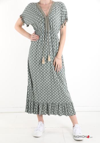  Geometrisches Muster Spitze- V-Ausschnitt Kleid mit Volants Olivgrün