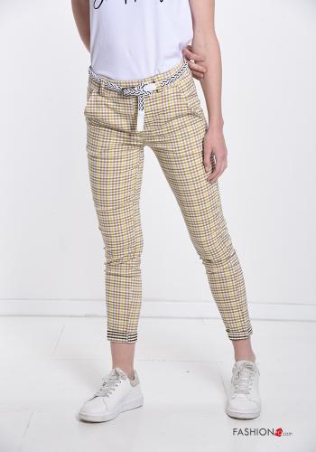  Pantalones de Algodón Estampado Vichy con cinturón con bolsillos 