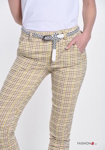  Pantalones de Algodón Estampado Vichy con cinturón con bolsillos 
