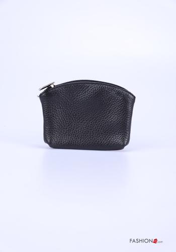  Portamonete in Vera pelle con zip  Nero