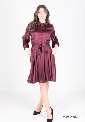  long sleeve knee-length satin Dress with sash Bloody red