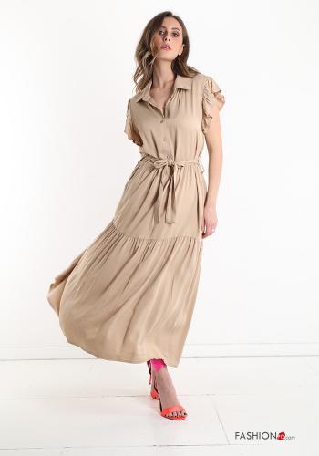 short sleeve long Dress with flounces with sash with buttons