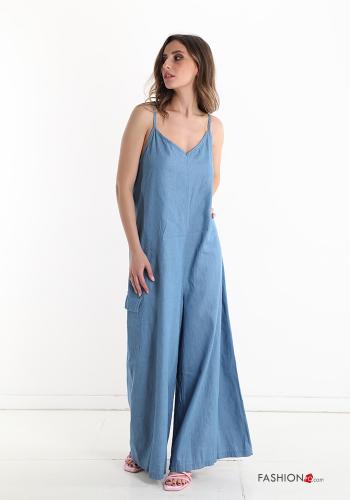  Salopette en Coton sans manches en denim wide leg à col en V 