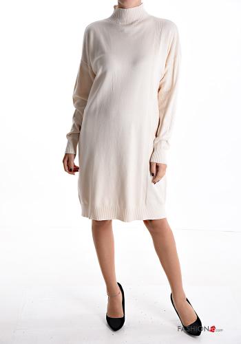  long sleeve knee-length Dress Rollneck White Cream