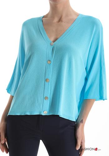  V-Ausschnitt Strickjacke mit Knöpfen Cyan