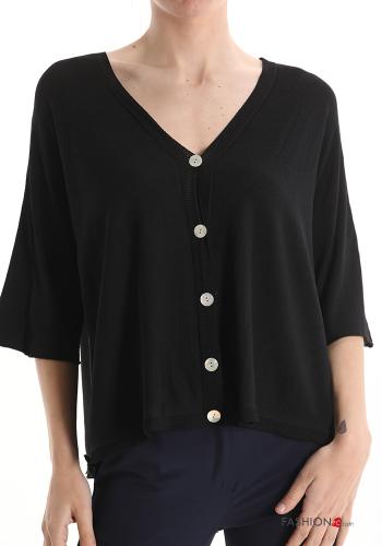  V-Ausschnitt Strickjacke mit Knöpfen Schwarz