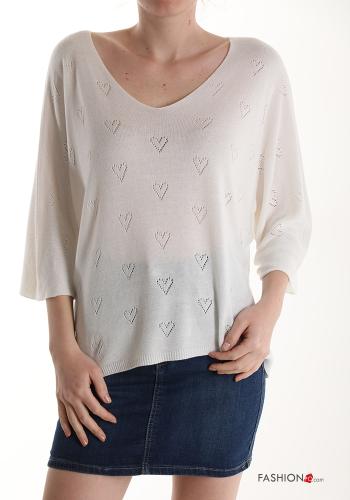  Maglione scollo a V maniche a tre quarti  Bianco