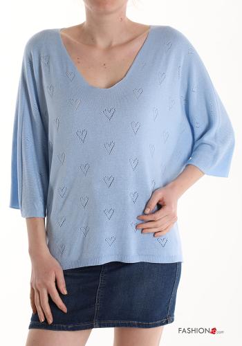  Maglione scollo a V maniche a tre quarti  Azzurro fiordaliso
