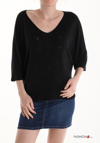  Maglione scollo a V maniche a tre quarti  Nero