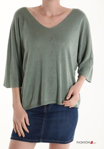  Maglione scollo a V maniche a tre quarti  Grigio asparago