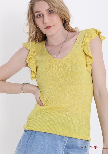  v-neck lurex Top with flounces Yellow