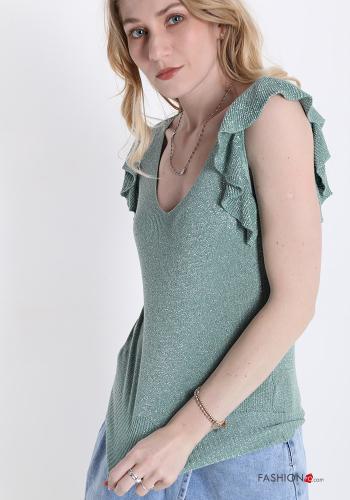  v-neck lurex Top with flounces Military green