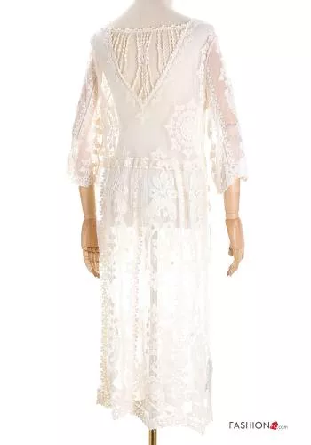  Embroidered long Cover up with v-neck 3/4 sleeve