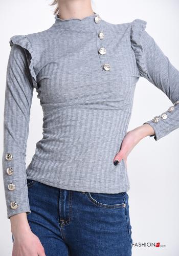  Rollkragen- Langarmshirt aus Baumwolle mit Volants mit Knöpfen Grau
