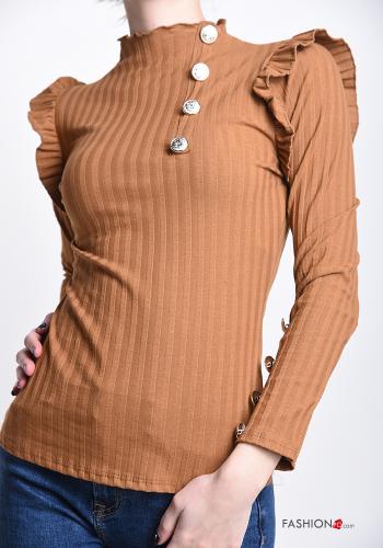  turtleneck Cotton Long sleeved top with flounces with buttons Camel