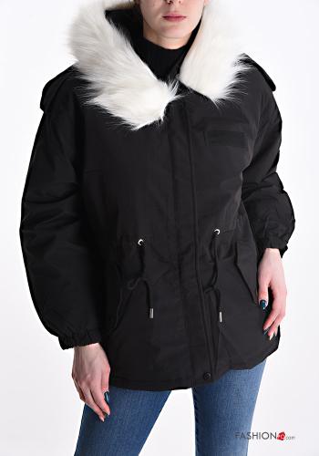  faux fur Parka with pockets with hood Light black